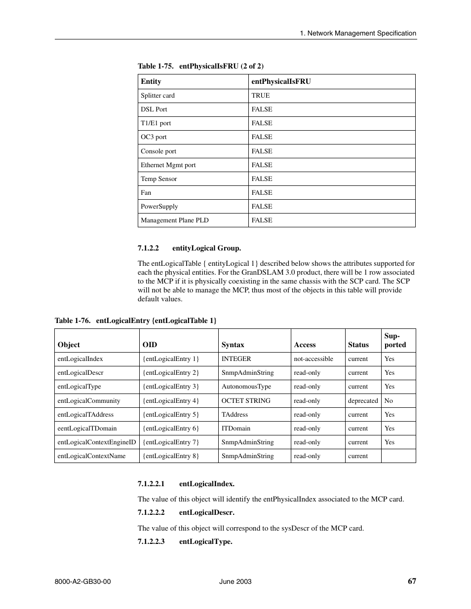 Entitylogical group, Entlogicalindex, Entlogicaldescr | Entlogicaltype | Paradyne Hotwire 8620 User Manual | Page 73 / 108