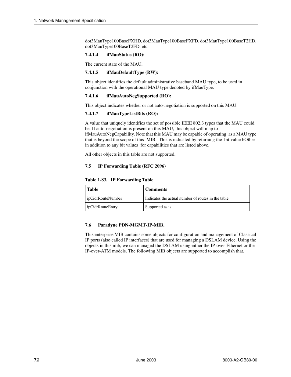 Ifmaustatus (ro), Ifmaudefaulttype (rw), Ifmauautonegsupported (ro) | Ifmautypelistbits (ro), Ip forwarding table (rfc 2096), Paradyne pdn-mgmt-ip-mib | Paradyne Hotwire 8620 User Manual | Page 78 / 108