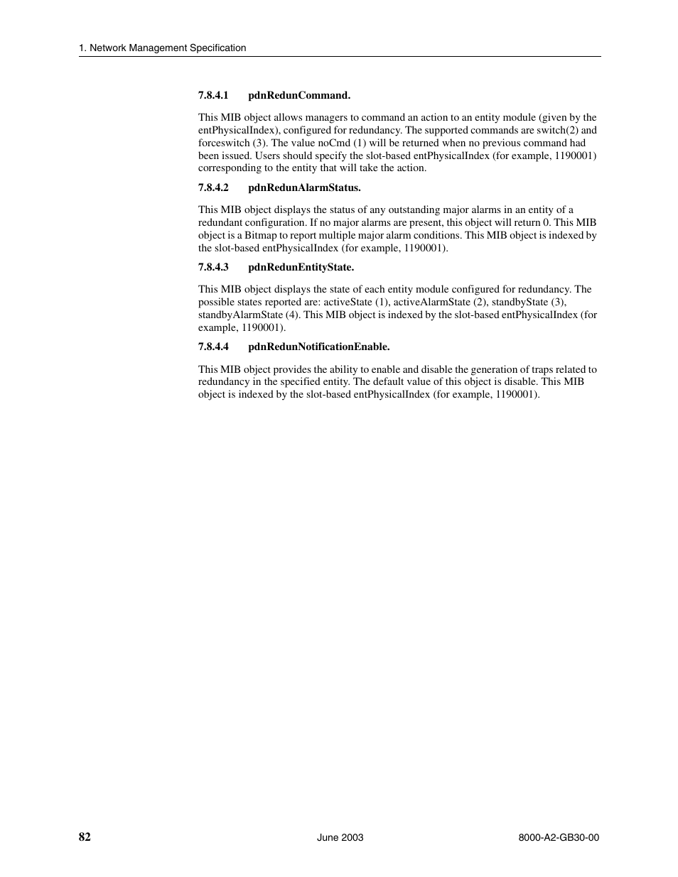 Pdnreduncommand, Pdnredunalarmstatus, Pdnredunentitystate | Pdnredunnotificationenable | Paradyne Hotwire 8620 User Manual | Page 88 / 108