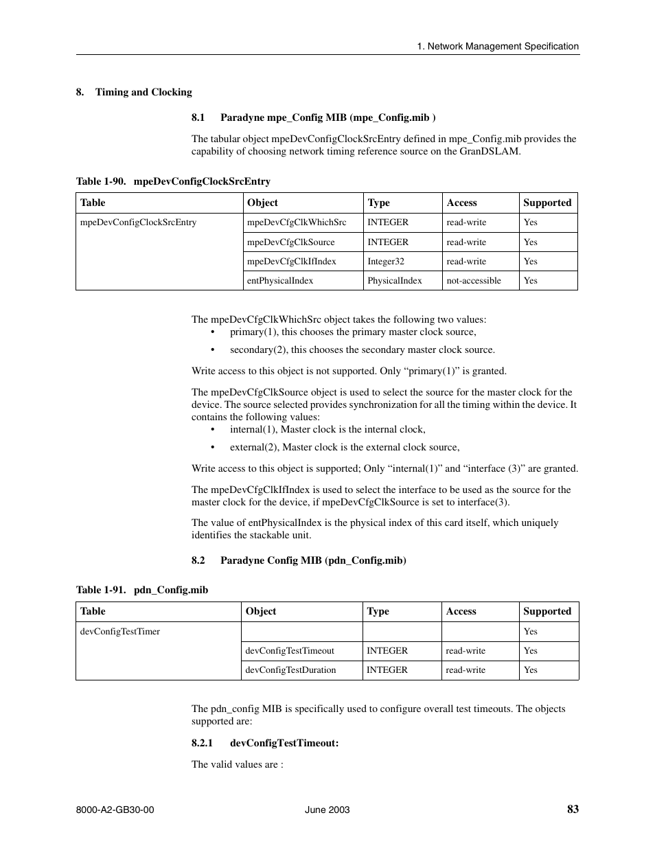 Timing and clocking, Paradyne mpe_config mib (mpe_config.mib ), Paradyne config mib (pdn_config.mib) | Devconfigtesttimeout | Paradyne Hotwire 8620 User Manual | Page 89 / 108
