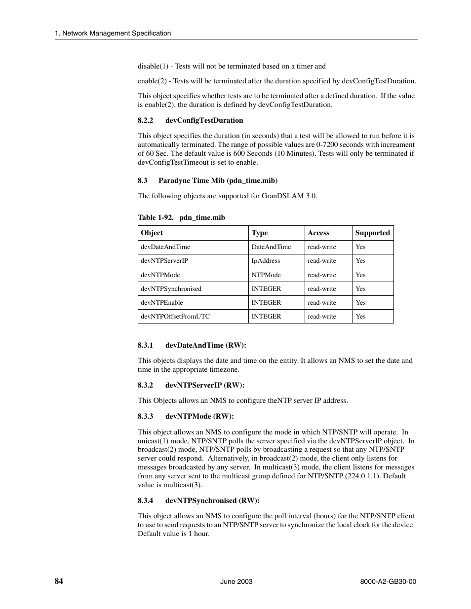 Devconfigtestduration, Paradyne time mib (pdn_time.mib), Devdateandtime (rw) | Devntpserverip (rw), Devntpmode (rw), Devntpsynchronised (rw) | Paradyne Hotwire 8620 User Manual | Page 90 / 108