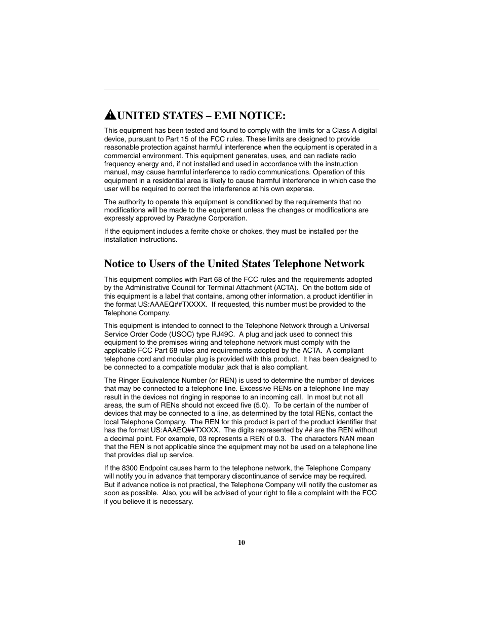 United states – emi notice | Paradyne Hotwire 8300 User Manual | Page 10 / 16