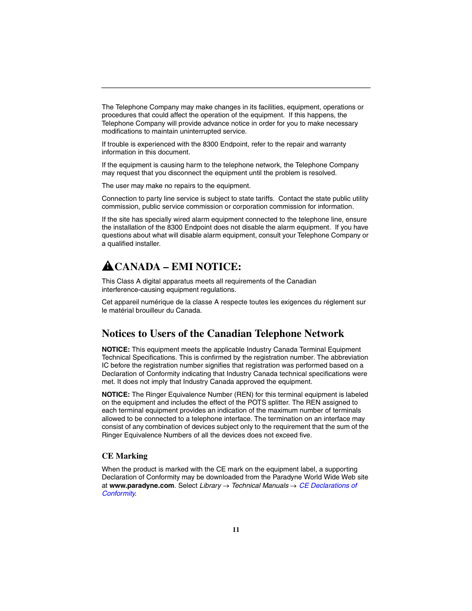 Notices to users of the canadian telephone network, Canada – emi notice | Paradyne Hotwire 8300 User Manual | Page 11 / 16