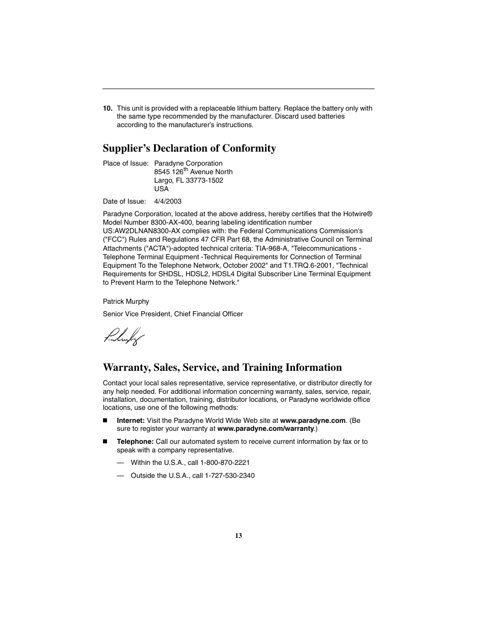 Supplier’s declaration of conformity, Warranty, sales, service, and training information | Paradyne Hotwire 8300 User Manual | Page 13 / 16