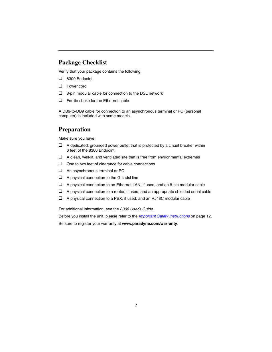 Package checklist, Preparation | Paradyne Hotwire 8300 User Manual | Page 2 / 16