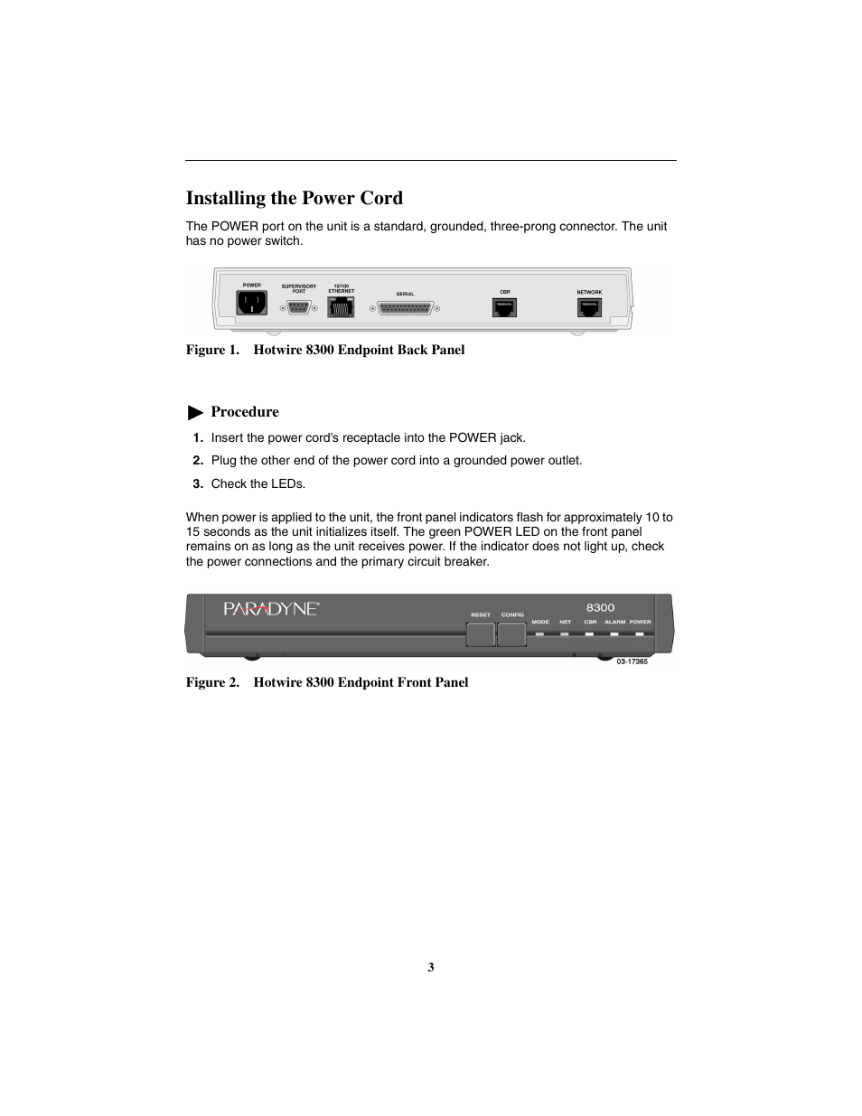 Installing the power cord | Paradyne Hotwire 8300 User Manual | Page 3 / 16