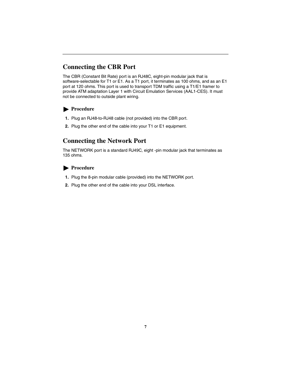 Connecting the cbr port, Connecting the network port | Paradyne Hotwire 8300 User Manual | Page 7 / 16