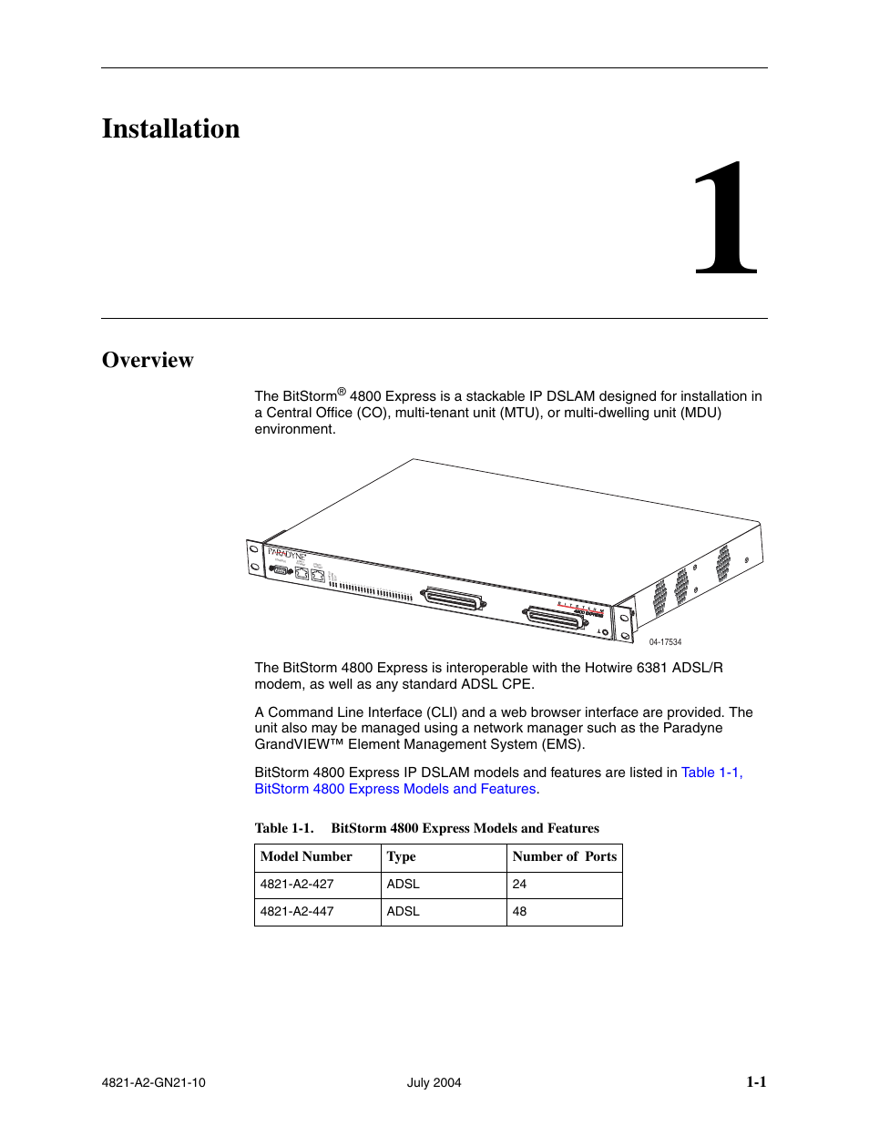 Installation, Overview, Chapter 1, installation | Paradyne BitStorm 4800 Express User Manual | Page 11 / 52