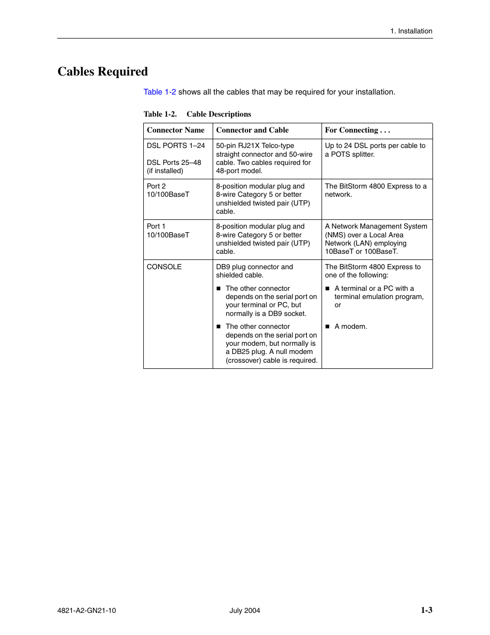 Cables required | Paradyne BitStorm 4800 Express User Manual | Page 13 / 52