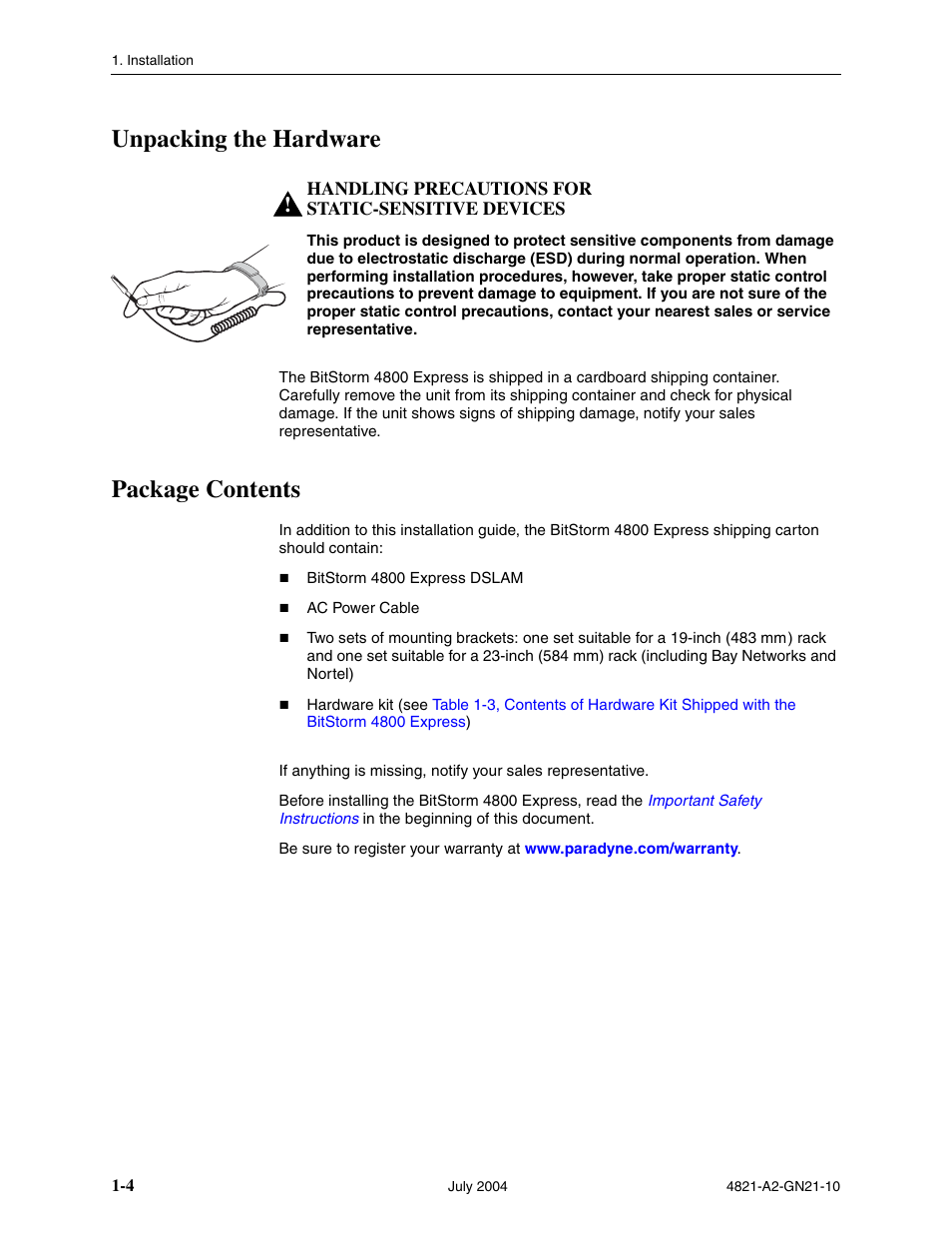 Unpacking the hardware, Package contents | Paradyne BitStorm 4800 Express User Manual | Page 14 / 52