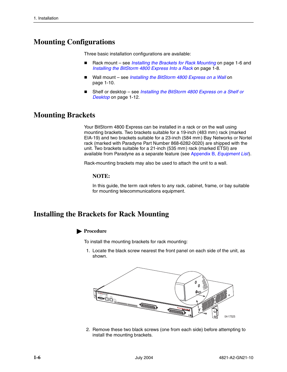 Mounting configurations, Mounting brackets, Installing the brackets for rack mounting | Procedure | Paradyne BitStorm 4800 Express User Manual | Page 16 / 52