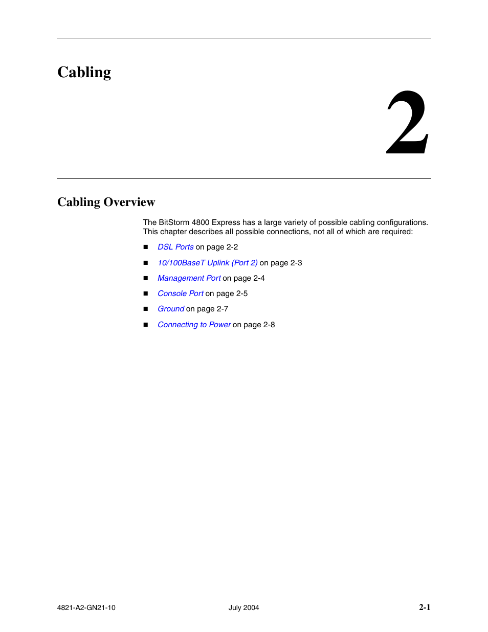 Cabling, Cabling overview, Chapter 2, cabling | Paradyne BitStorm 4800 Express User Manual | Page 23 / 52