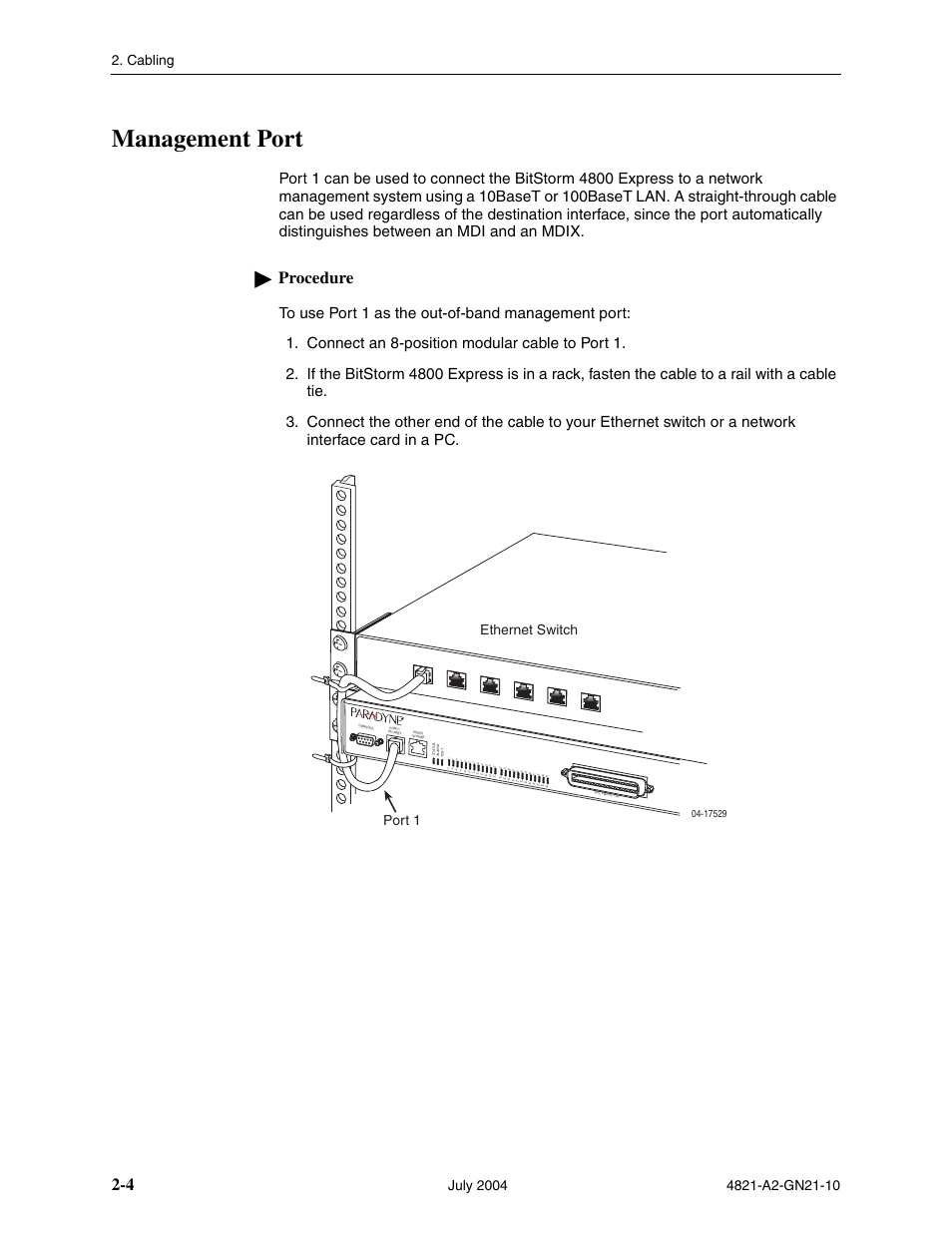 Management port, Procedure, Cabling | Ethernet switch port 1 | Paradyne BitStorm 4800 Express User Manual | Page 26 / 52