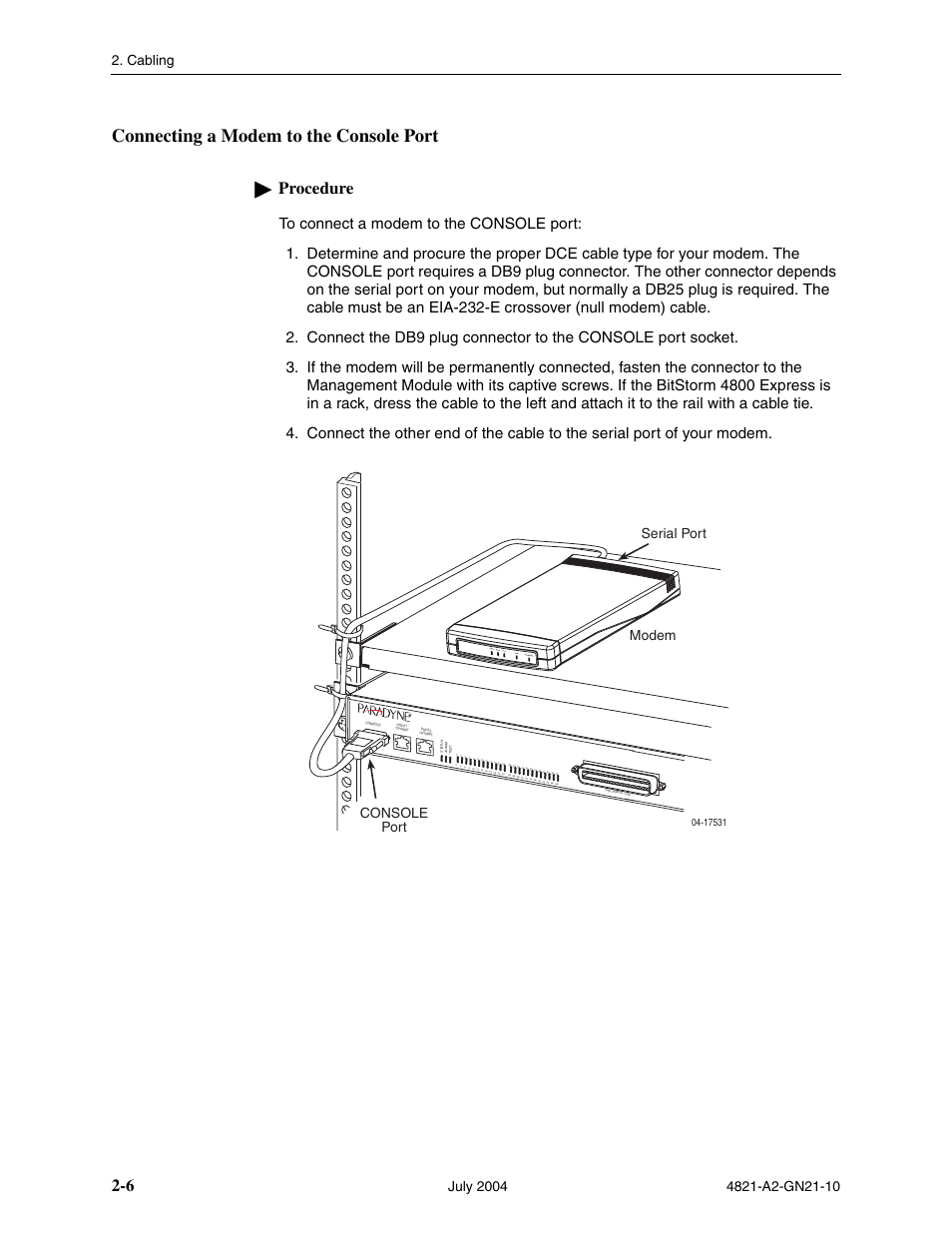 Connecting a modem to the console port, Procedure, Tst line alm pwr ethernet | Cabling, Serial port modem console port | Paradyne BitStorm 4800 Express User Manual | Page 28 / 52