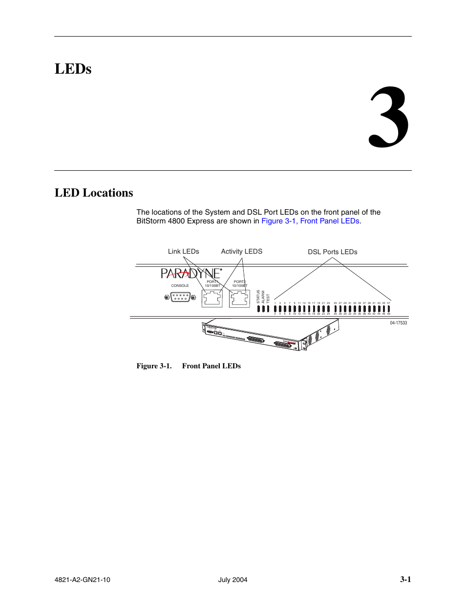 Leds, Led locations, Chapter 3, leds | Paradyne BitStorm 4800 Express User Manual | Page 31 / 52