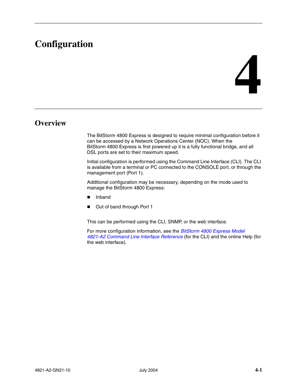 Configuration, Overview, Chapter 4, configuration | Paradyne BitStorm 4800 Express User Manual | Page 33 / 52