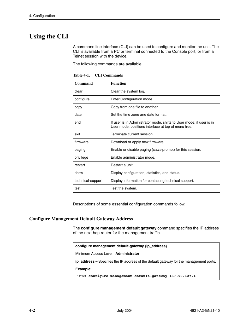 Using the cli, Configure management default gateway address | Paradyne BitStorm 4800 Express User Manual | Page 34 / 52