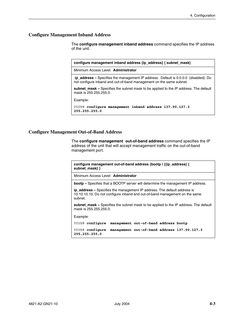 Configure management inband address, Configure management out-of-band address | Paradyne BitStorm 4800 Express User Manual | Page 35 / 52