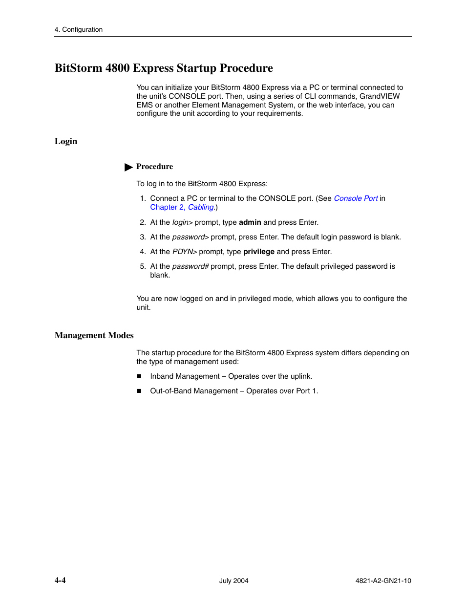 Bitstorm 4800 express startup procedure, Login, Management modes | Paradyne BitStorm 4800 Express User Manual | Page 36 / 52