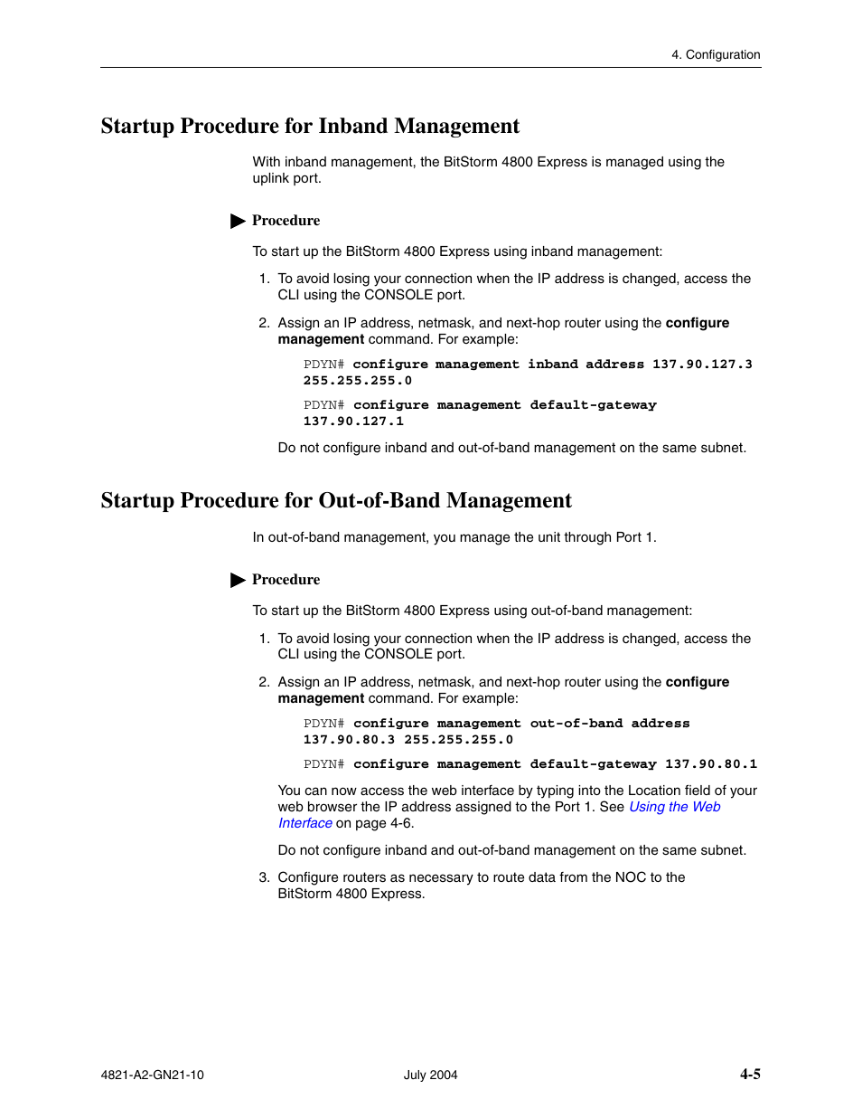 Startup procedure for inband management, Startup procedure for out-of-band management | Paradyne BitStorm 4800 Express User Manual | Page 37 / 52