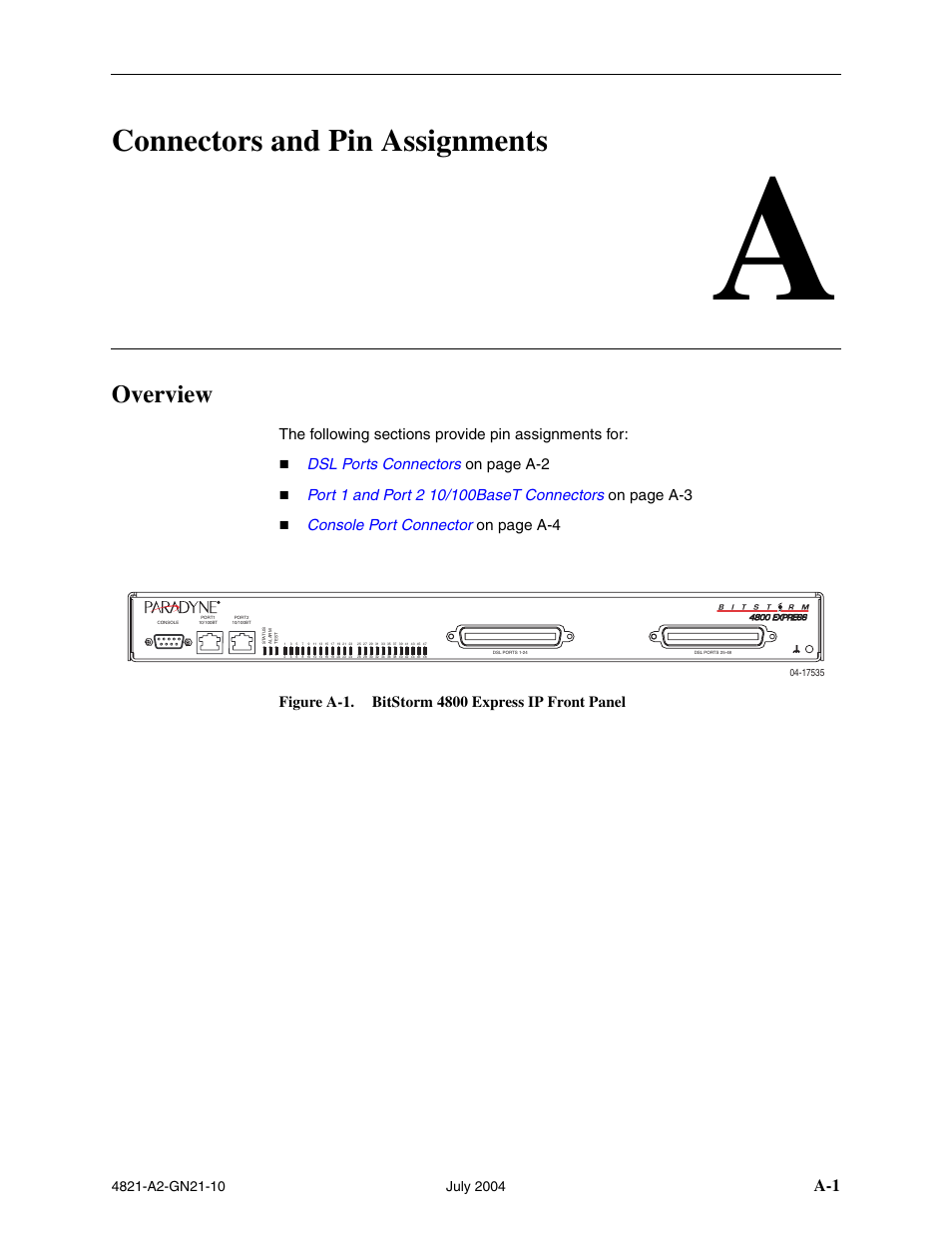 Connectors and pin assignments, Overview, A connectors and pin assignments | Appendix a, connectors and pin assignments | Paradyne BitStorm 4800 Express User Manual | Page 41 / 52