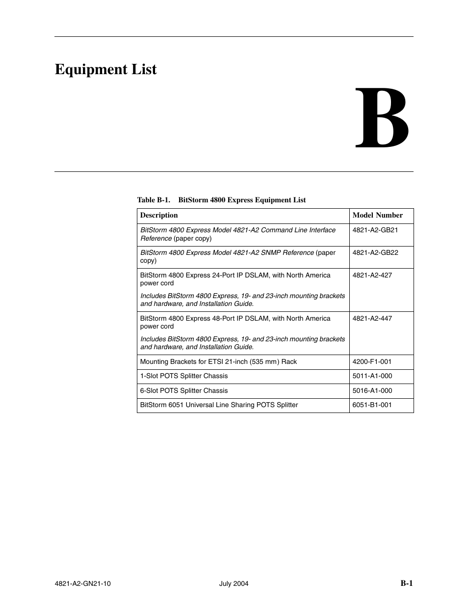 Equipment list, B equipment list, Appendix b, equipment list | Paradyne BitStorm 4800 Express User Manual | Page 45 / 52