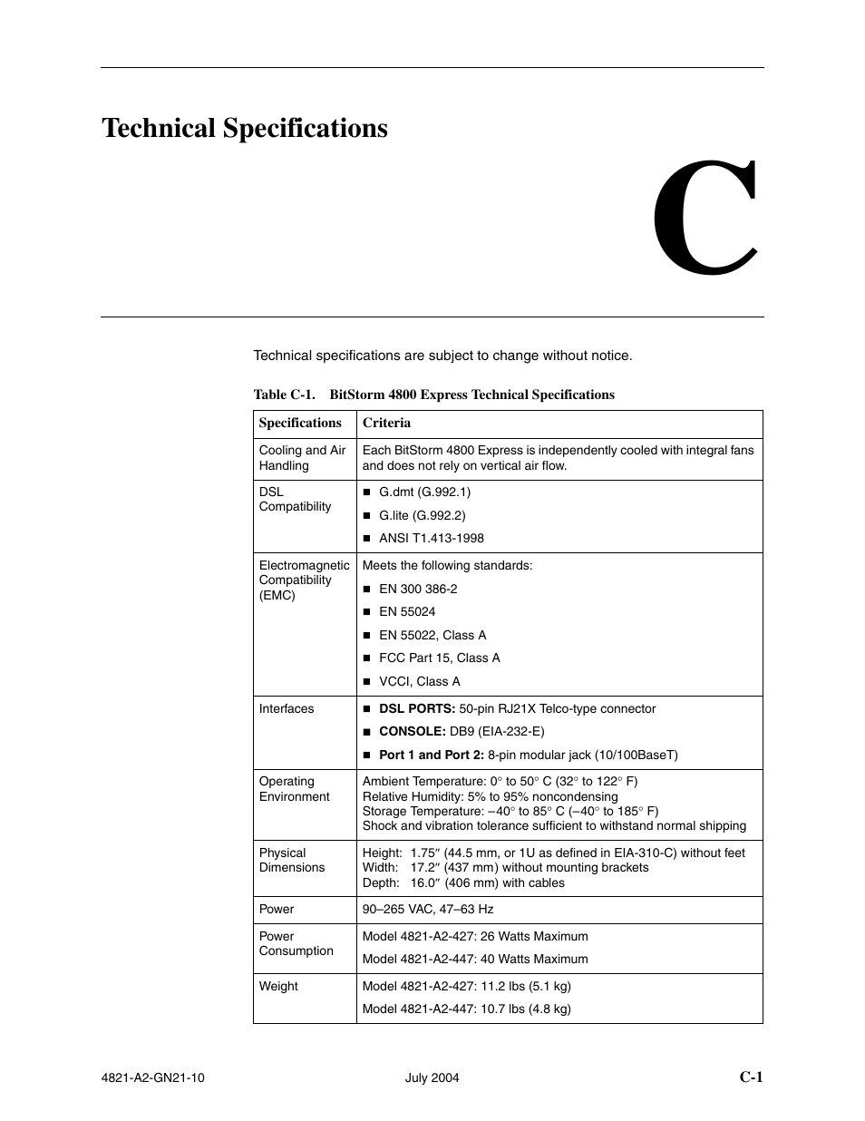 Technical specifications, C technical specifications, Appendix c, technical specifications | Paradyne BitStorm 4800 Express User Manual | Page 47 / 52