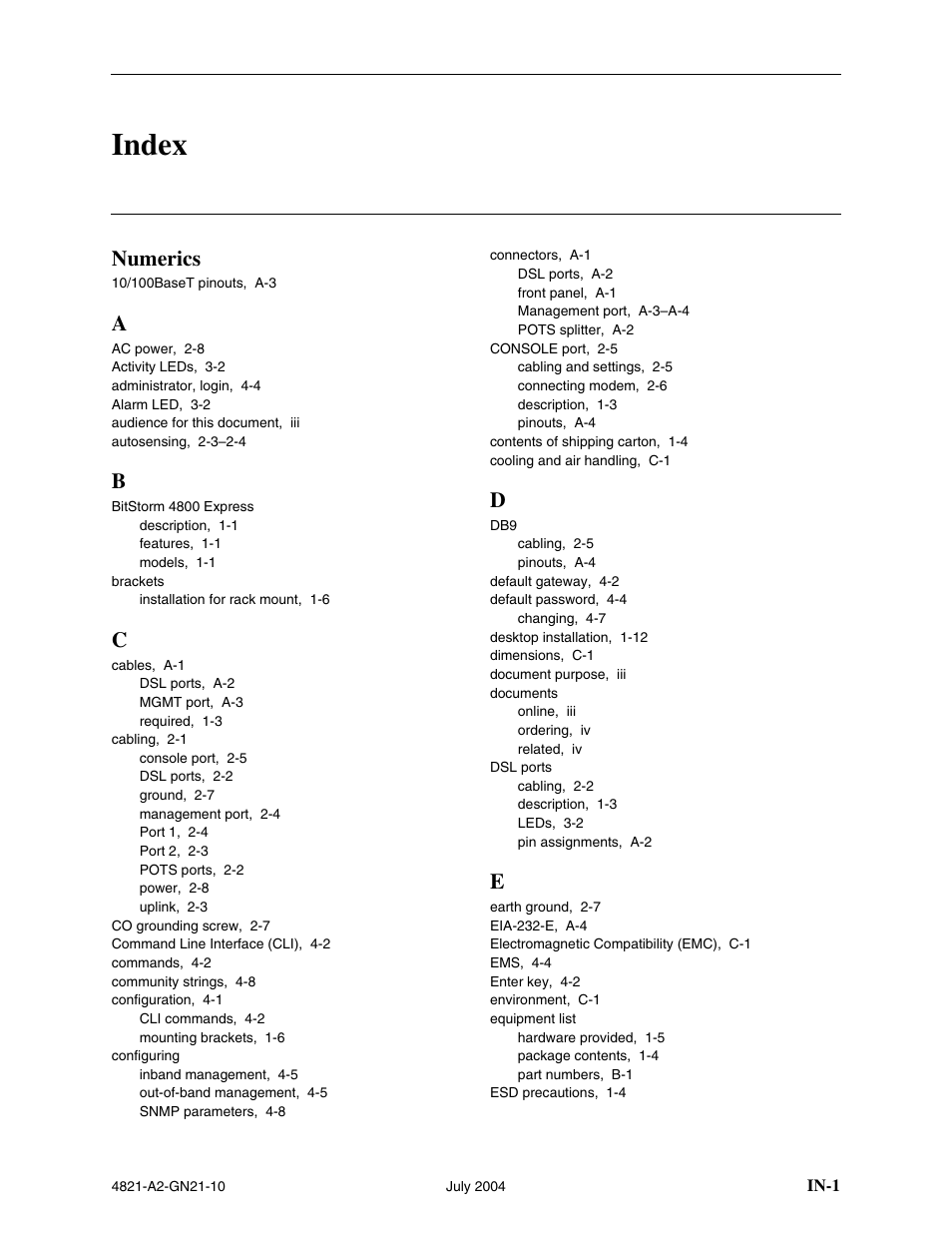 Index, Numerics | Paradyne BitStorm 4800 Express User Manual | Page 49 / 52