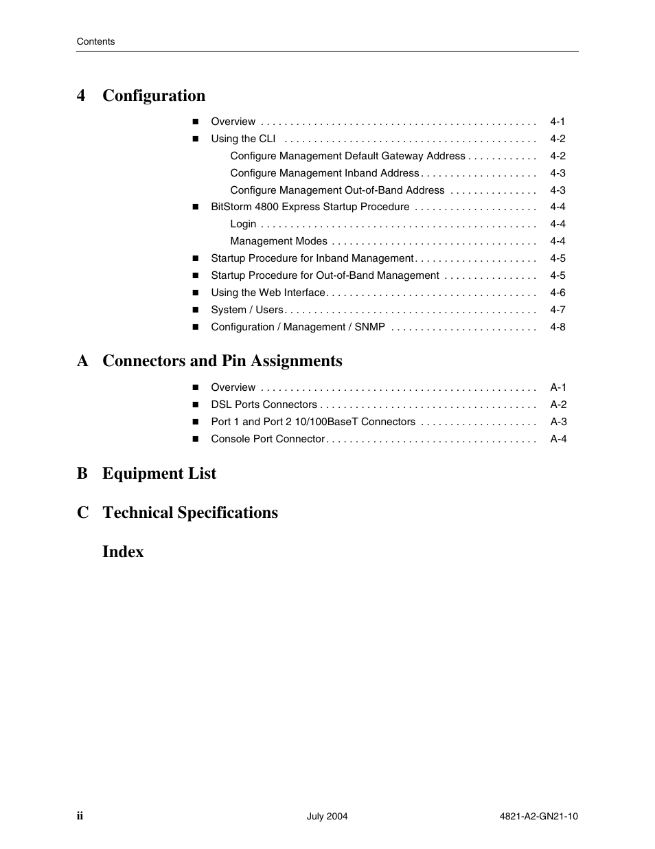 4configuration, A connectors and pin assignments, B equipment list c technical specifications index | Paradyne BitStorm 4800 Express User Manual | Page 8 / 52