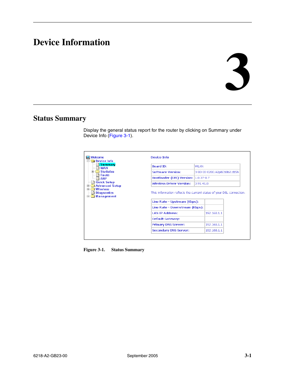 Device information, Status summary, Chapter 3, device information | Paradyne 6218-I1 User Manual | Page 29 / 92