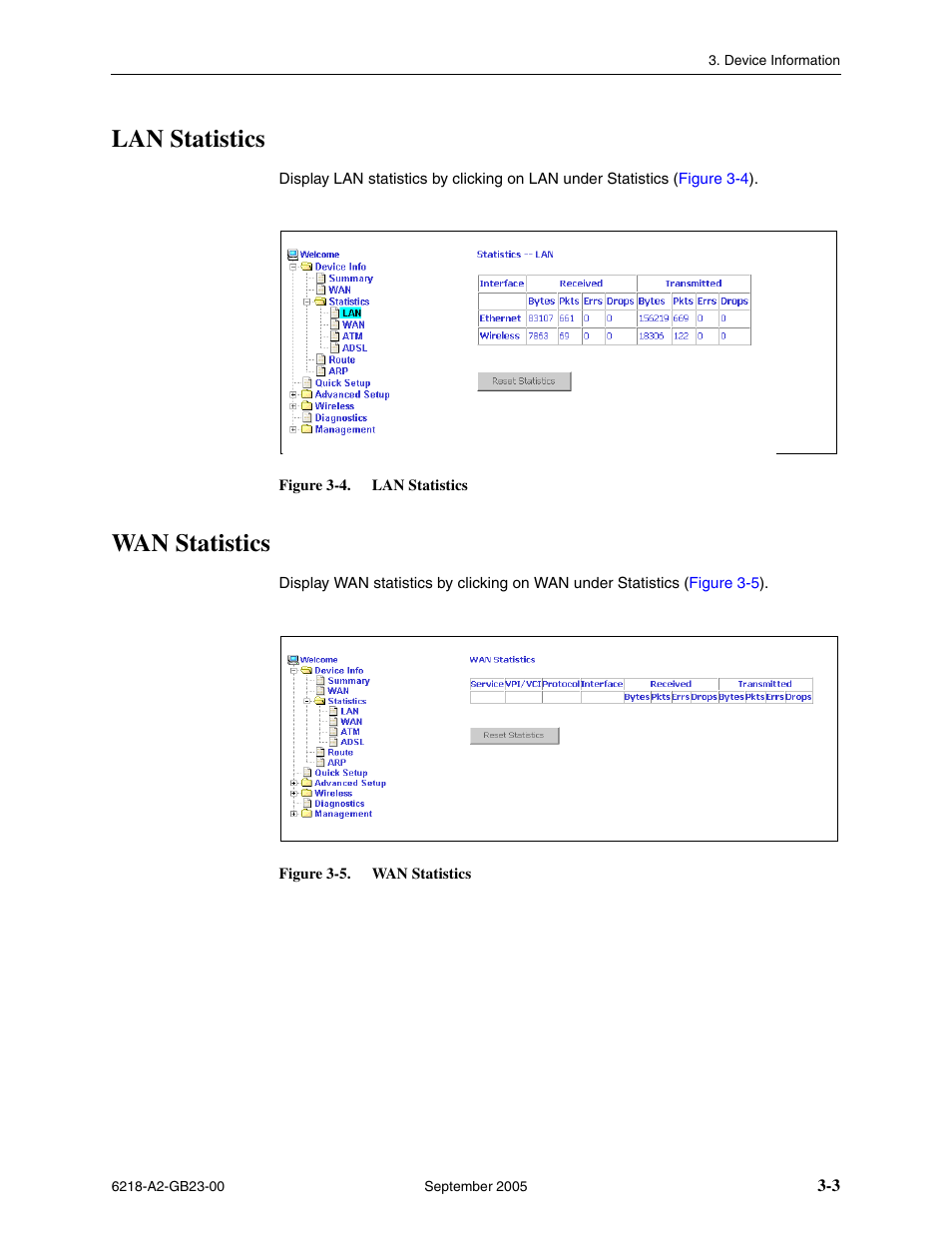 Lan statistics, Wan statistics | Paradyne 6218-I1 User Manual | Page 31 / 92