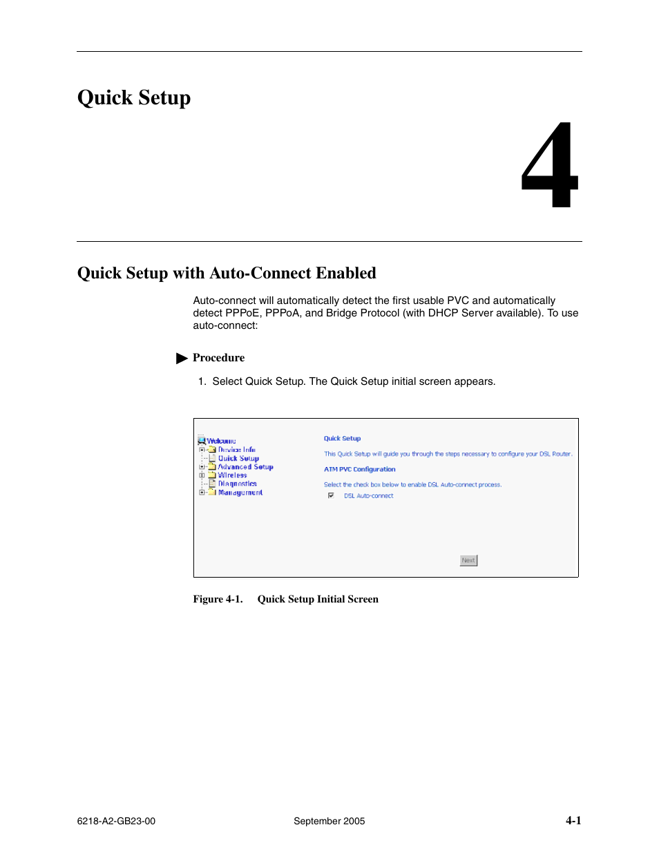 Quick setup, Quick setup with auto-connect enabled, Chapter 4, quick setup | Paradyne 6218-I1 User Manual | Page 35 / 92