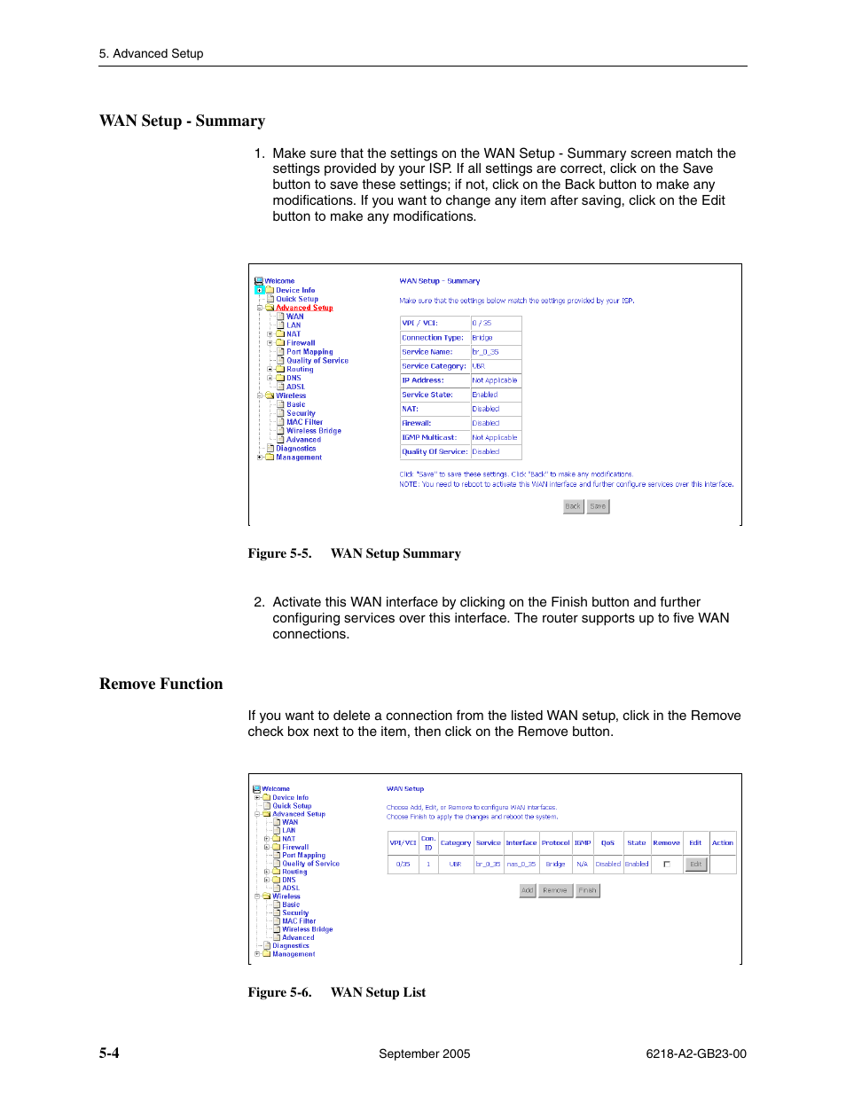 Wan setup - summary, Remove function | Paradyne 6218-I1 User Manual | Page 44 / 92