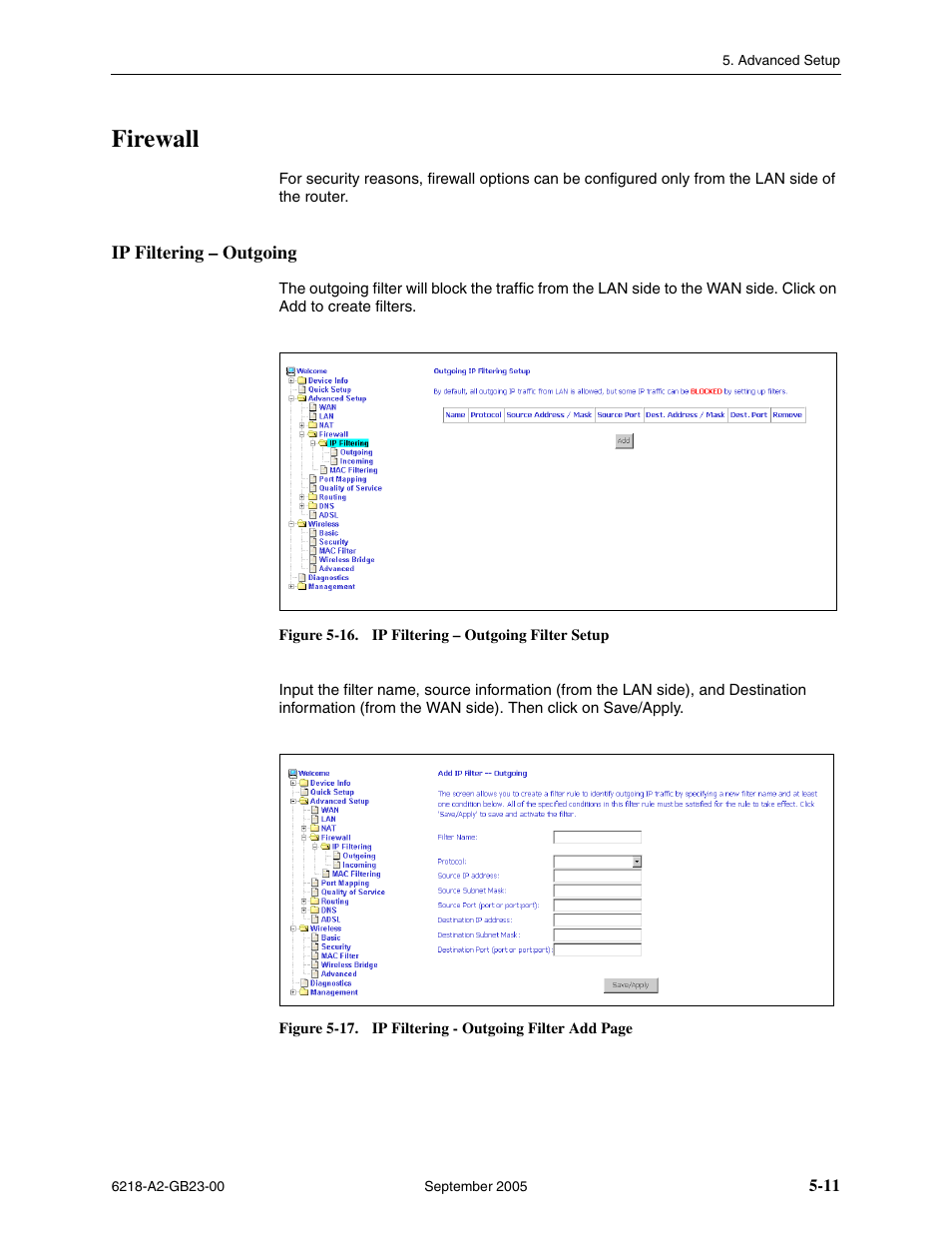 Firewall, Ip filtering - outgoing, Ip filtering – outgoing | Paradyne 6218-I1 User Manual | Page 51 / 92