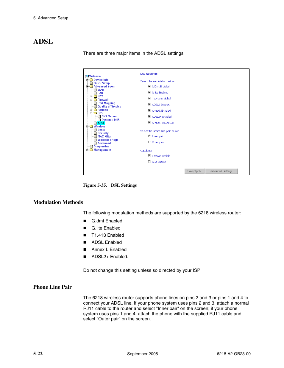 Adsl, Modulation methods, Phone line pair | Paradyne 6218-I1 User Manual | Page 62 / 92