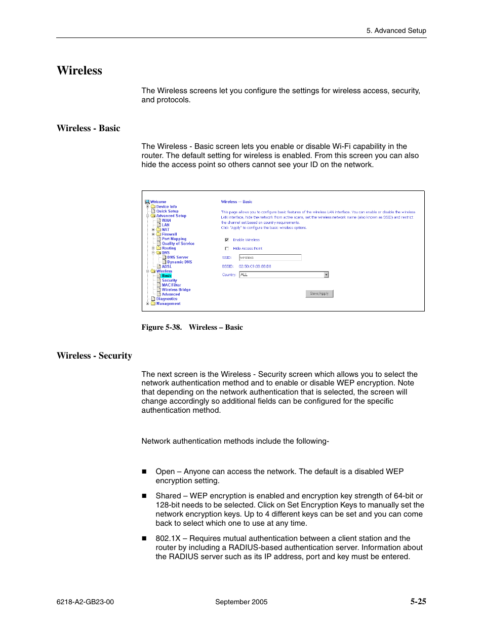 Wireless, Wireless - basic, Wireless - security | Paradyne 6218-I1 User Manual | Page 65 / 92