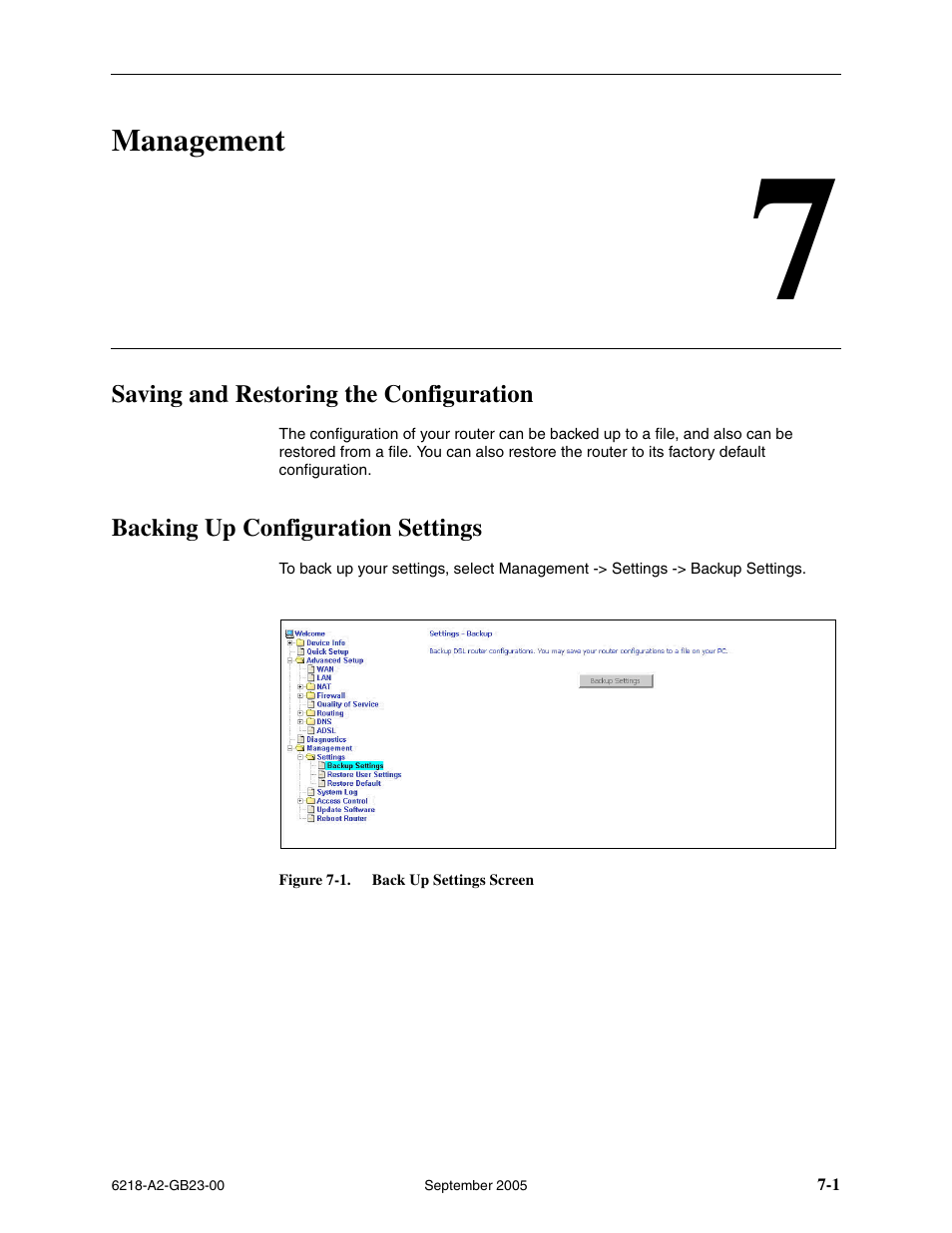 Management, Saving and restoring the configuration, Backing up configuration settings | Chapter 7, management | Paradyne 6218-I1 User Manual | Page 73 / 92