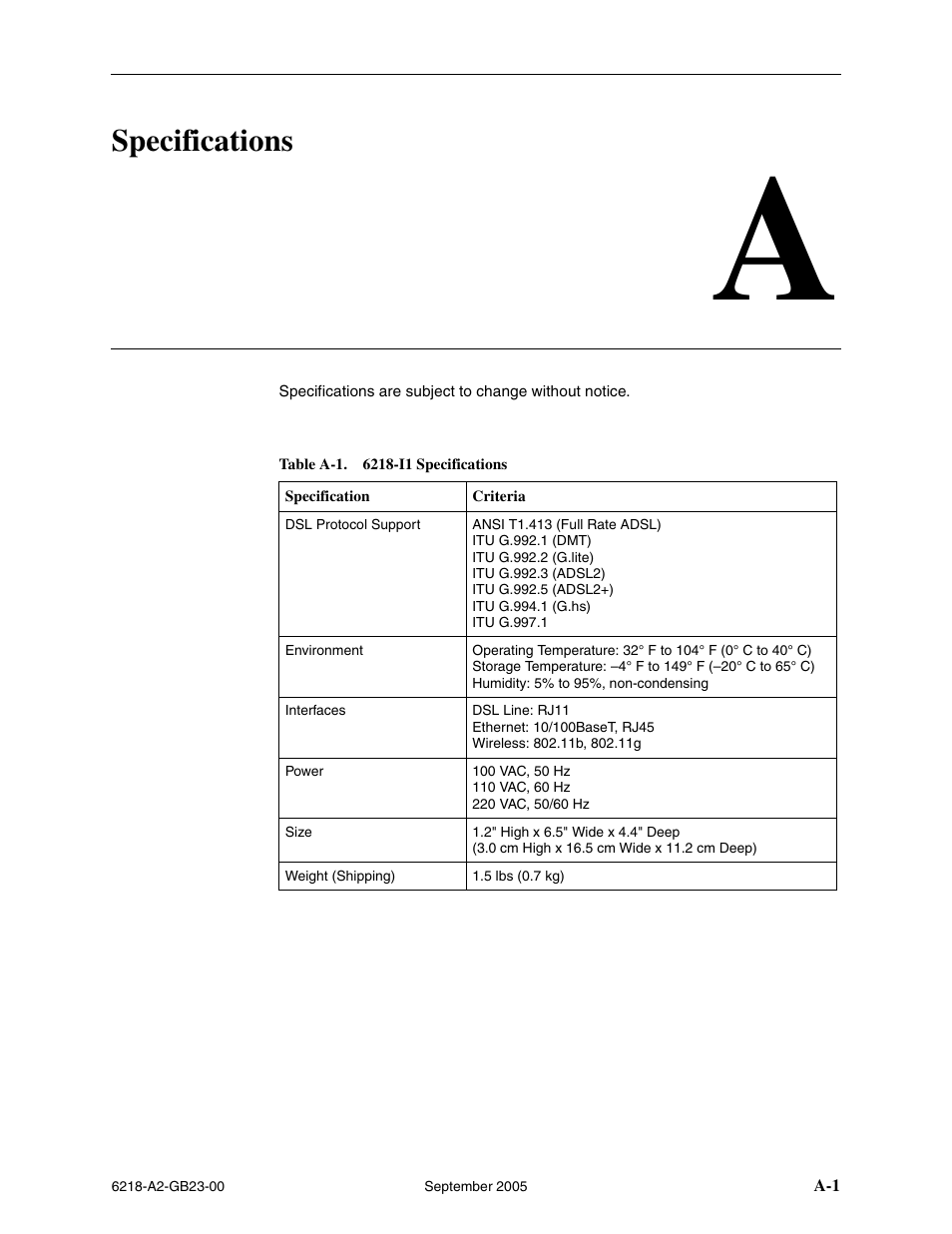 Specifications, A specifications, Appendix a, specifications | Paradyne 6218-I1 User Manual | Page 87 / 92