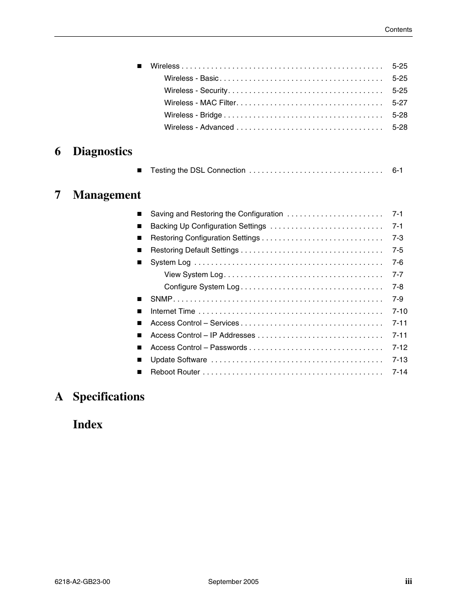 6diagnostics, 7management, A specifications index | Paradyne 6218-I1 User Manual | Page 9 / 92