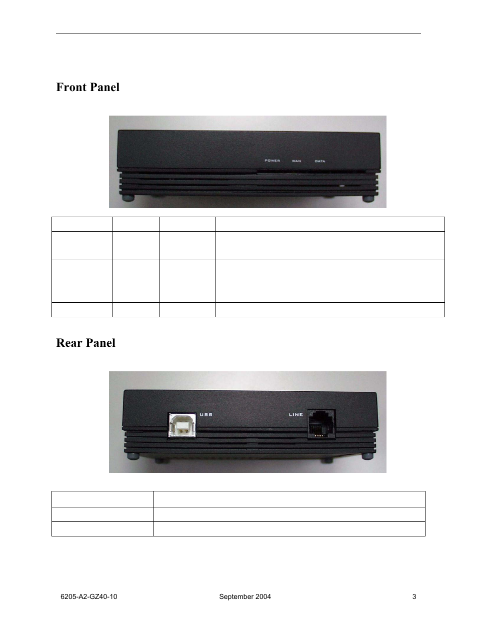 Front panel, Rear panel | Paradyne 6205 User Manual | Page 3 / 15