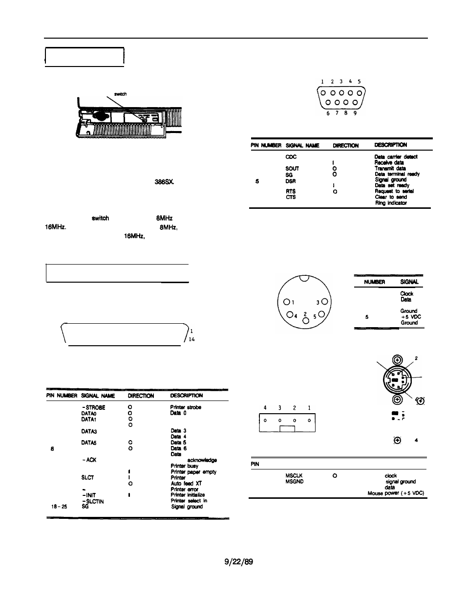 Switch settings, Connector pin assignments, Parallel port connector | Serial port connector, Keyboard connector, Mouse connector, Connector pin assignments 1, Equity 386sx, Eq386sx-2 equity series computers | Pengo Computer Accessories EQUITY SERIES COMPUTER 386SX User Manual | Page 2 / 9