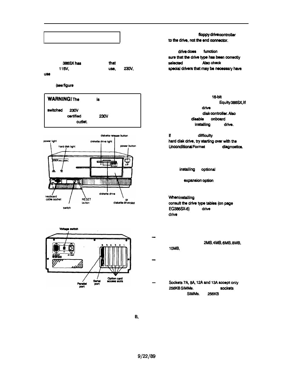 Installation / support tips, Power, Installing floppy disk drives | Installing hard disk drives, Setup, Adding memory modules, Software problems, Installation/support tips power, Equity 386sx, Voltage | Pengo Computer Accessories EQUITY SERIES COMPUTER 386SX User Manual | Page 5 / 9
