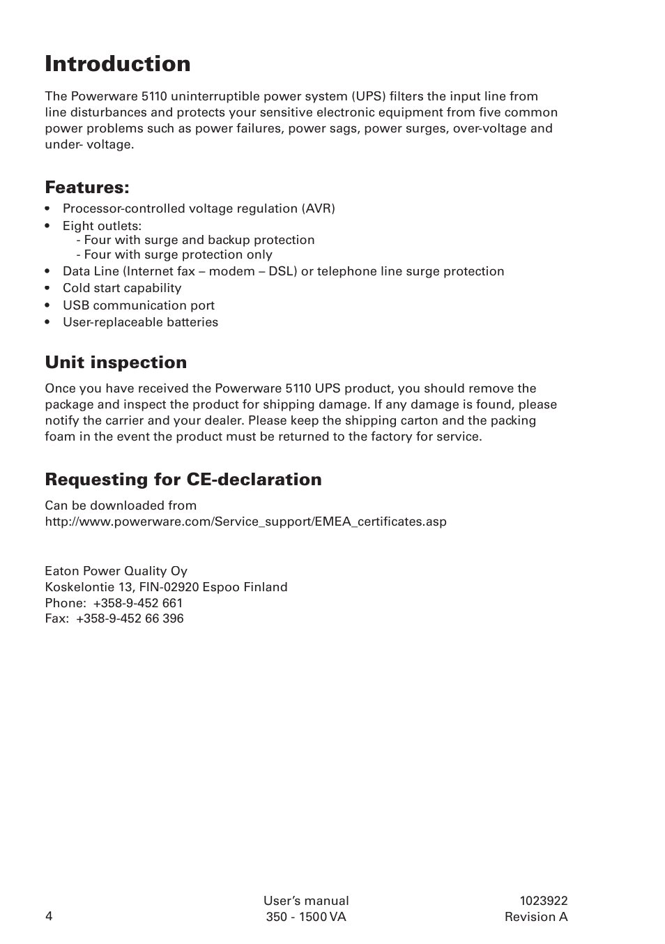 Introduction, Features, Unit inspection | Requesting for ce-declaration | Powerware 5110 User Manual | Page 4 / 14