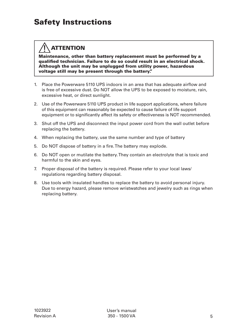 Safety instructions | Powerware 5110 User Manual | Page 5 / 14