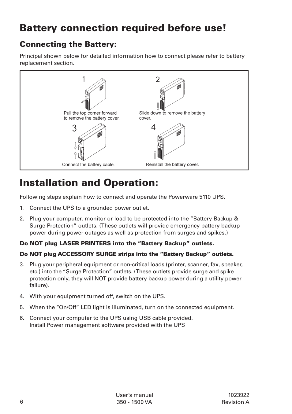 Battery connection required before use, Installation and operation, Connecting the battery | Powerware 5110 User Manual | Page 6 / 14
