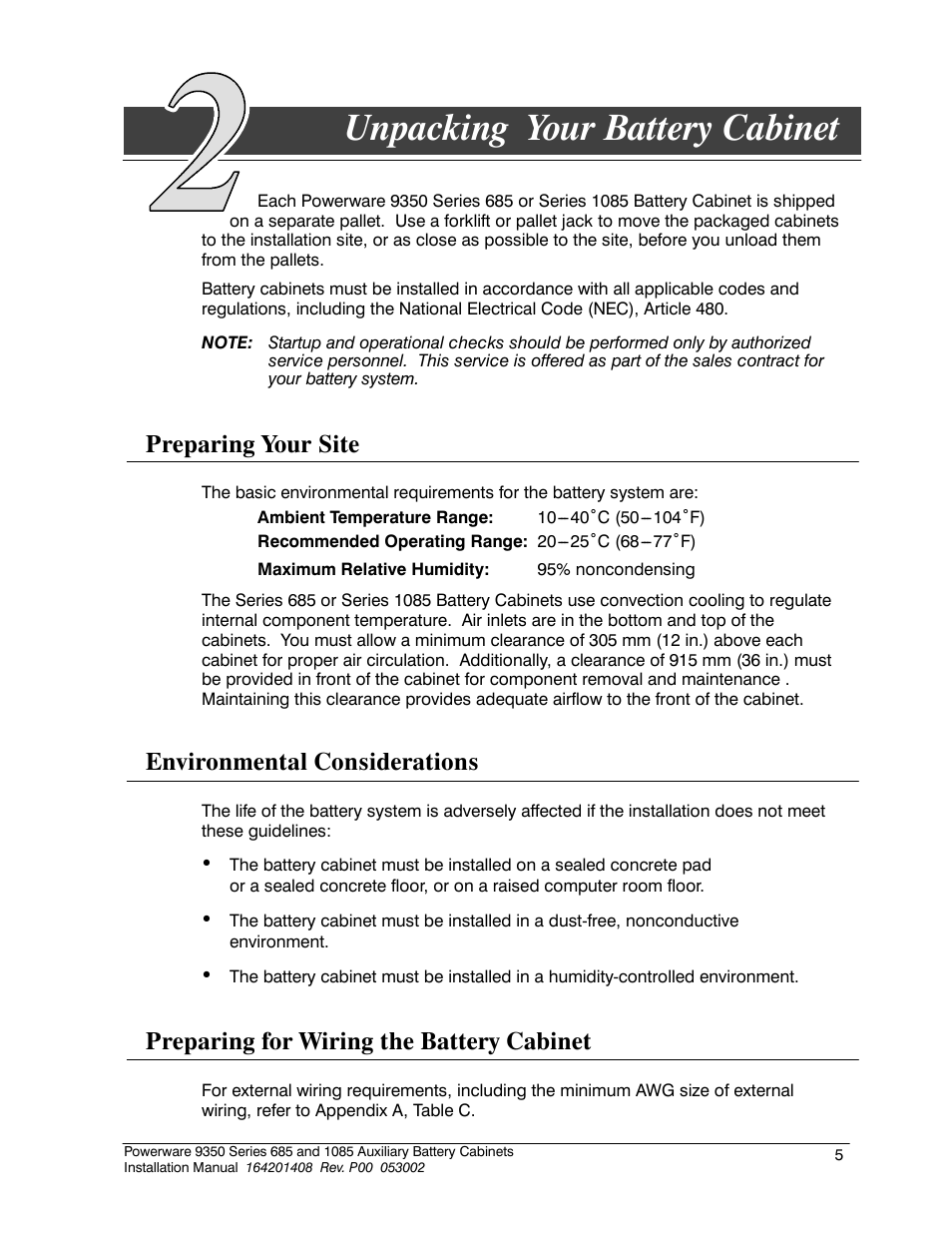 Unpacking your battery cabinet, Preparing your site, Environmental considerations | Preparing for wiring the battery cabinet | Powerware 685 User Manual | Page 11 / 54