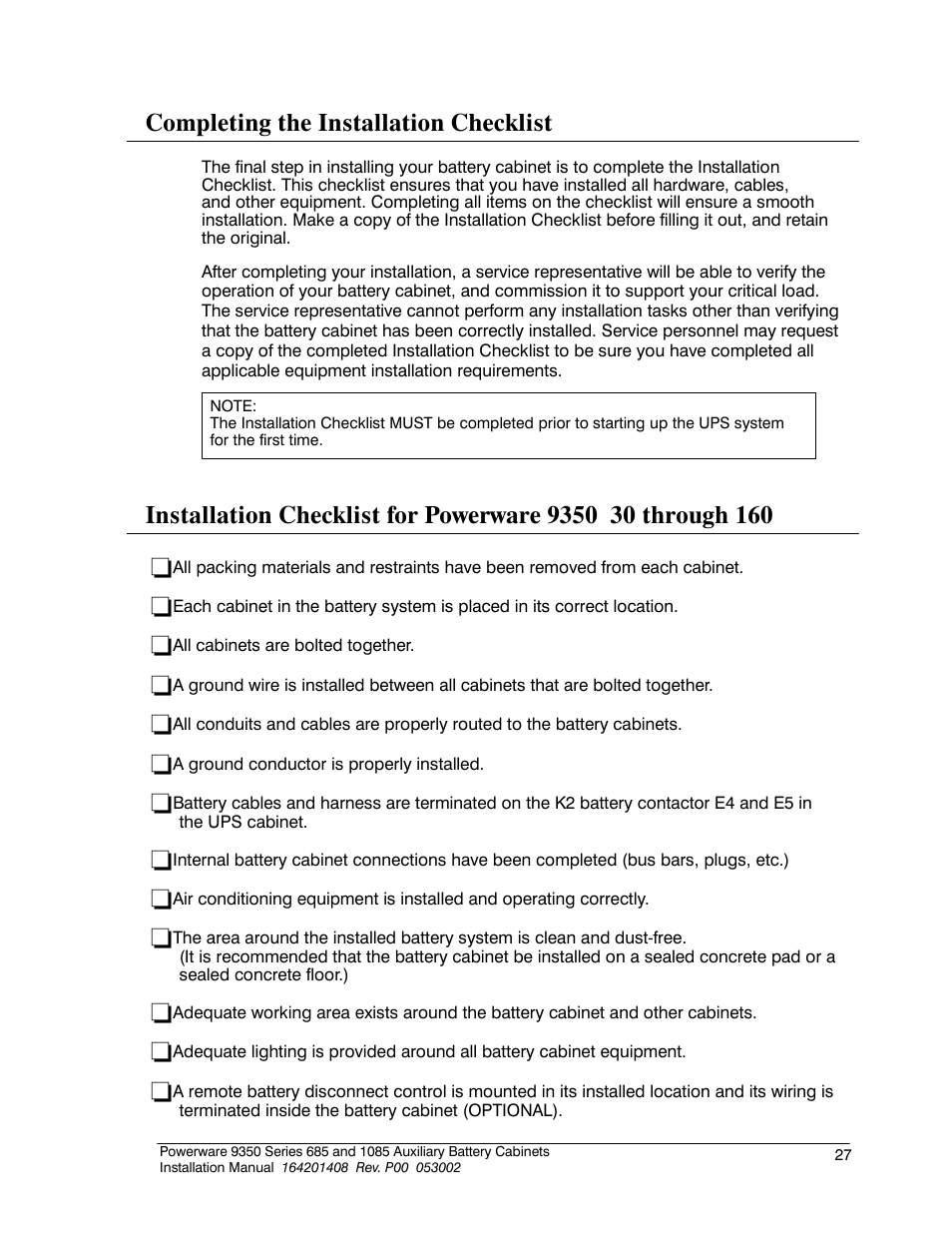 Completing the installation checklist | Powerware 685 User Manual | Page 33 / 54