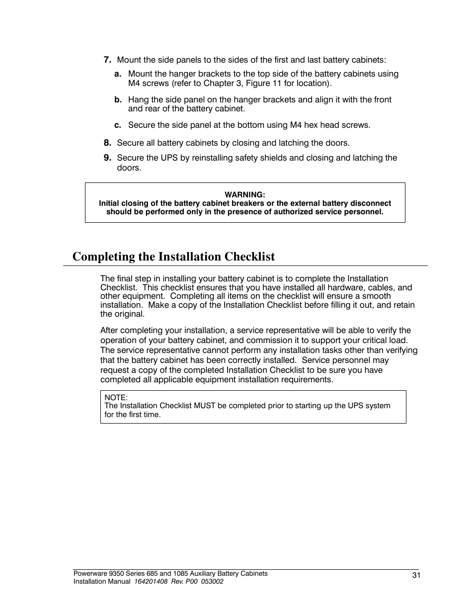 Completing the installation checklist | Powerware 685 User Manual | Page 37 / 54