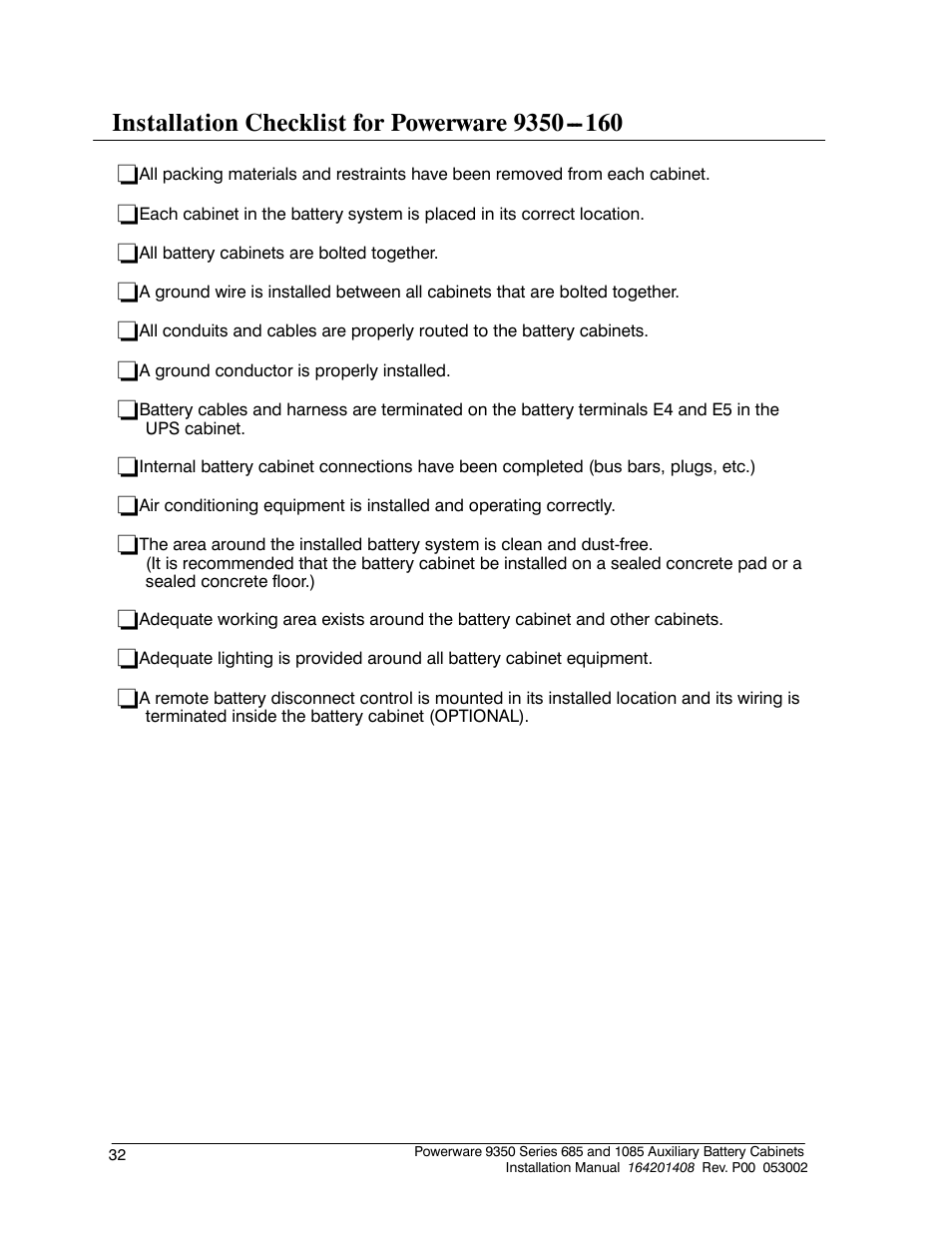 Installation checklist for powerware 9350 | Powerware 685 User Manual | Page 38 / 54
