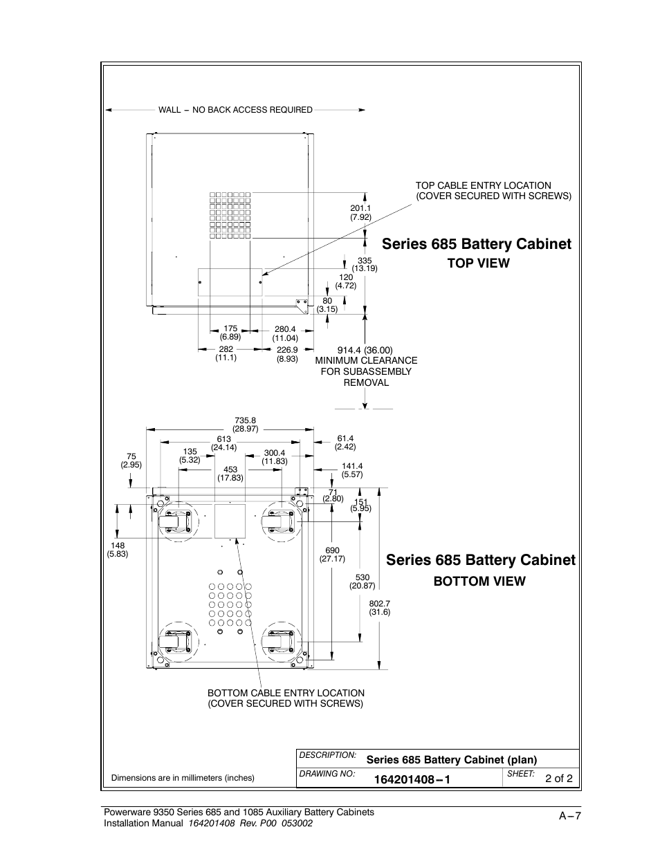 Series 685 battery cabinet, Bottom view, Top view | Powerware 685 User Manual | Page 49 / 54